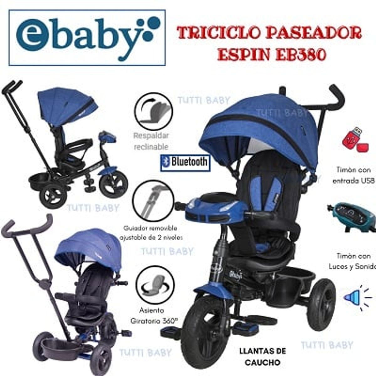 EBABY - TRICICLO MUSICAL CON LUCES Y BLUETOOTH RECLINABLE- AZUL