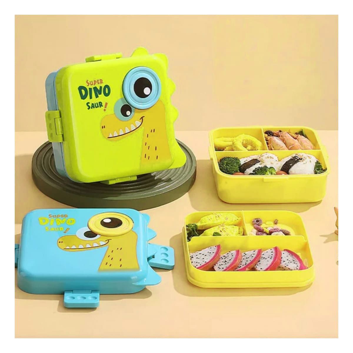 GENERICO - Taper Cuadrado de Dinosurio para Niños 1600ml Celeste