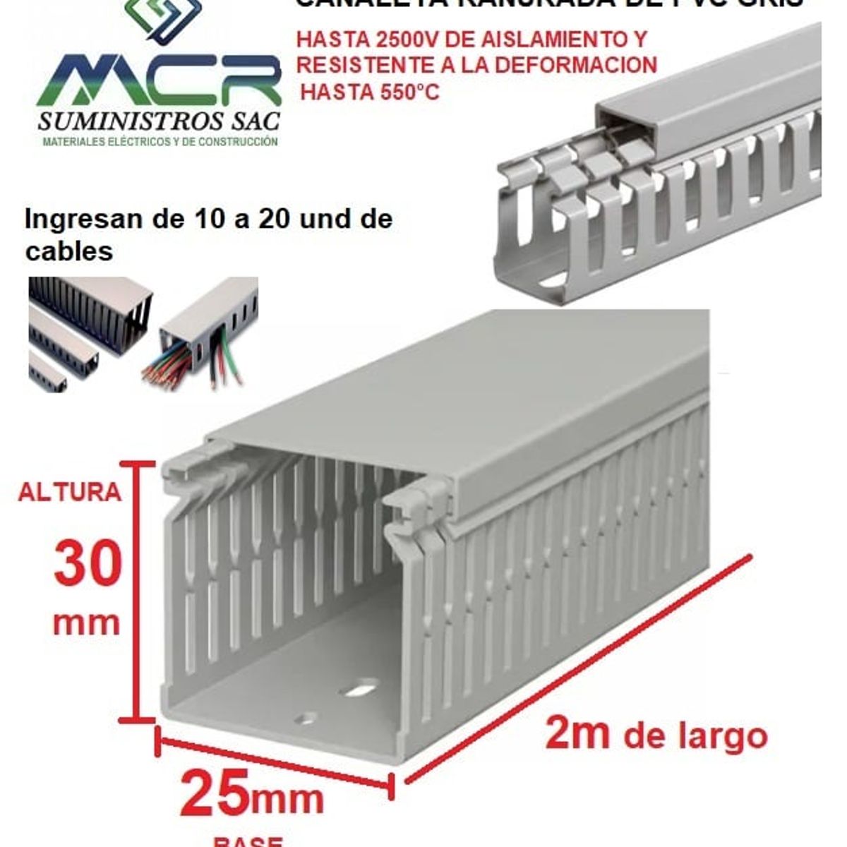 GENERICO - CANALETA DE PVC GRIS PARA CABLES DE 25mm BASE X 30MM ALTURA X 2m LARGO