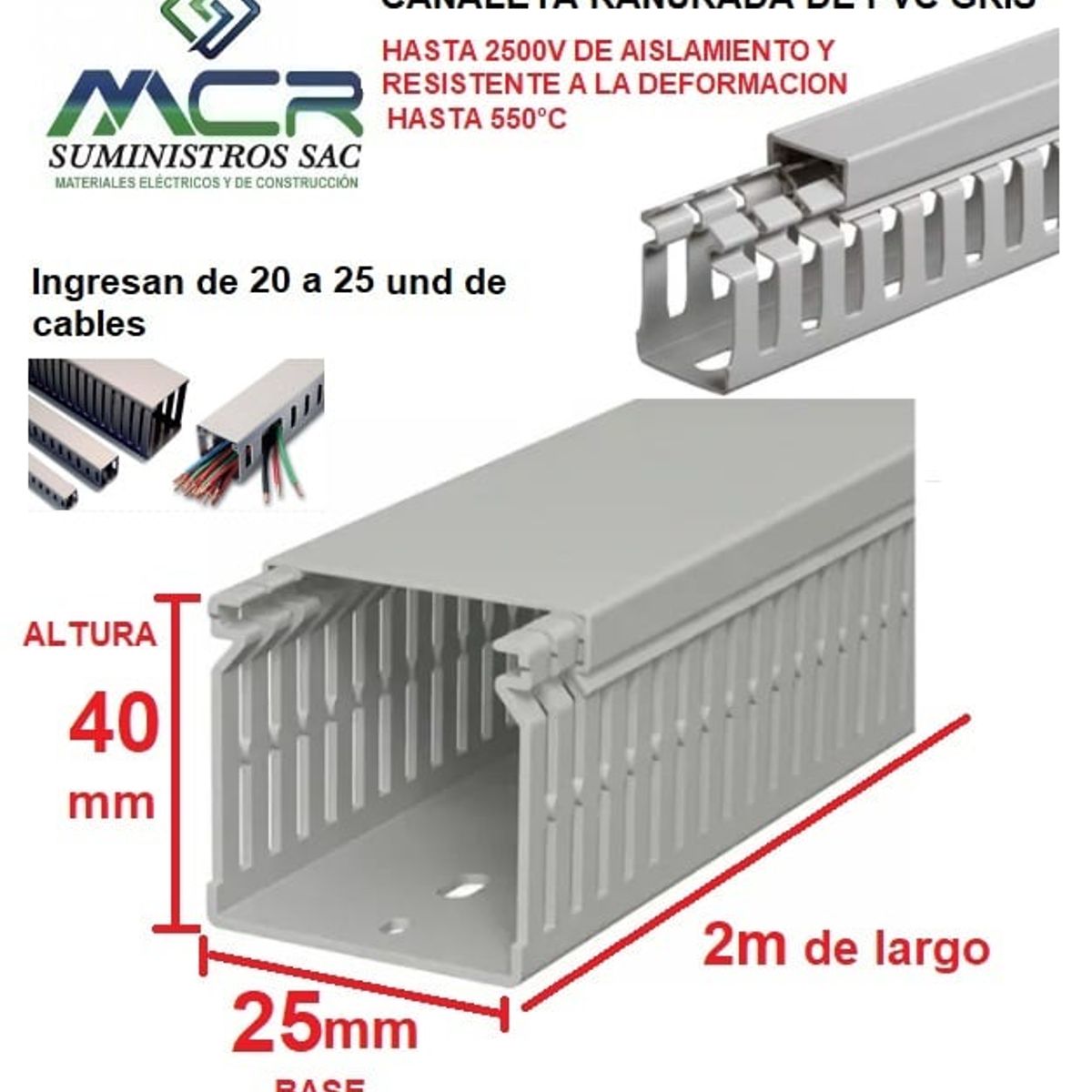 GENERICO - CANALETA DE PVC GRIS PARA CABLES DE 25mm BASE X 40MM ALTURA X 2m LARGO