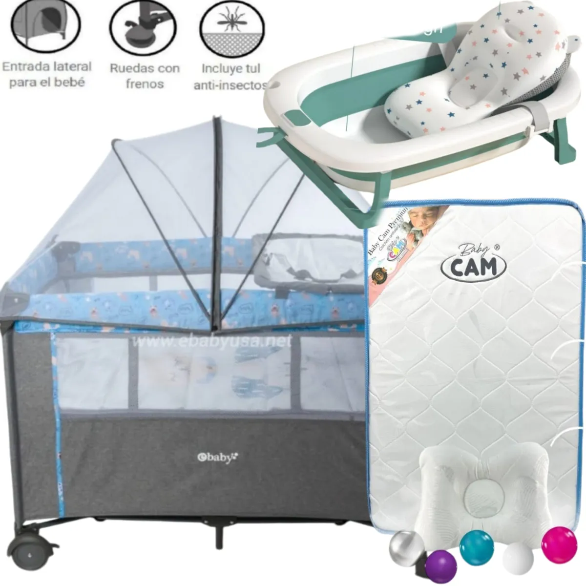 EBABY - Cuna Colecho NALA AZUL+ Colchón CELESTE+tina con cojín VERDE