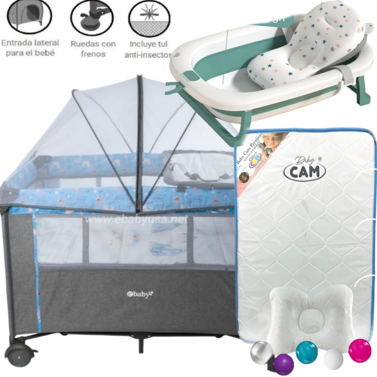 EBABY - Cuna Colecho NALA AZUL+ Colchón CELESTE+tina con cojín VERDE