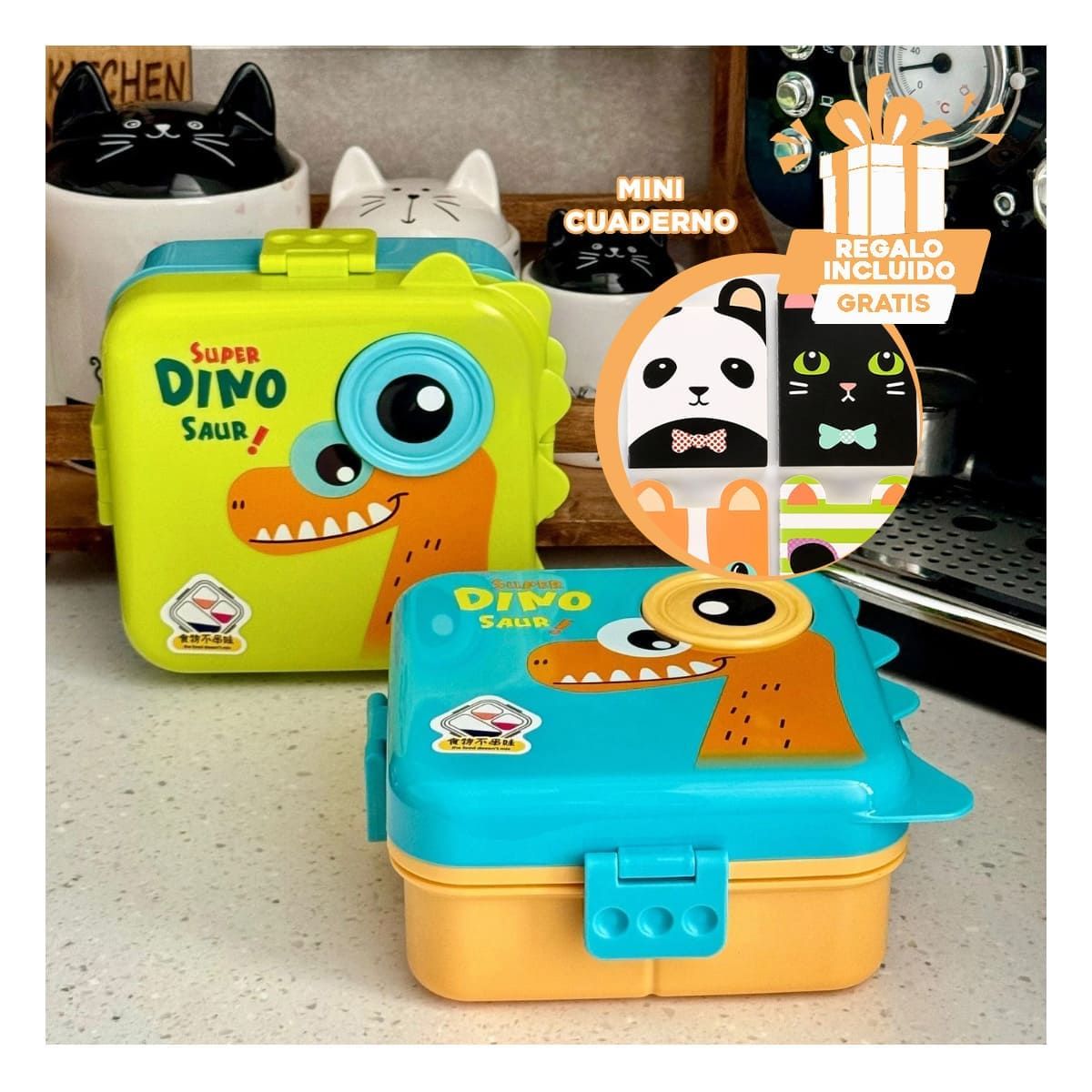 GENERICO - Pack3 Lonchera Dibujo de Dino 1600ml Verde Y+Regalo Agendita
