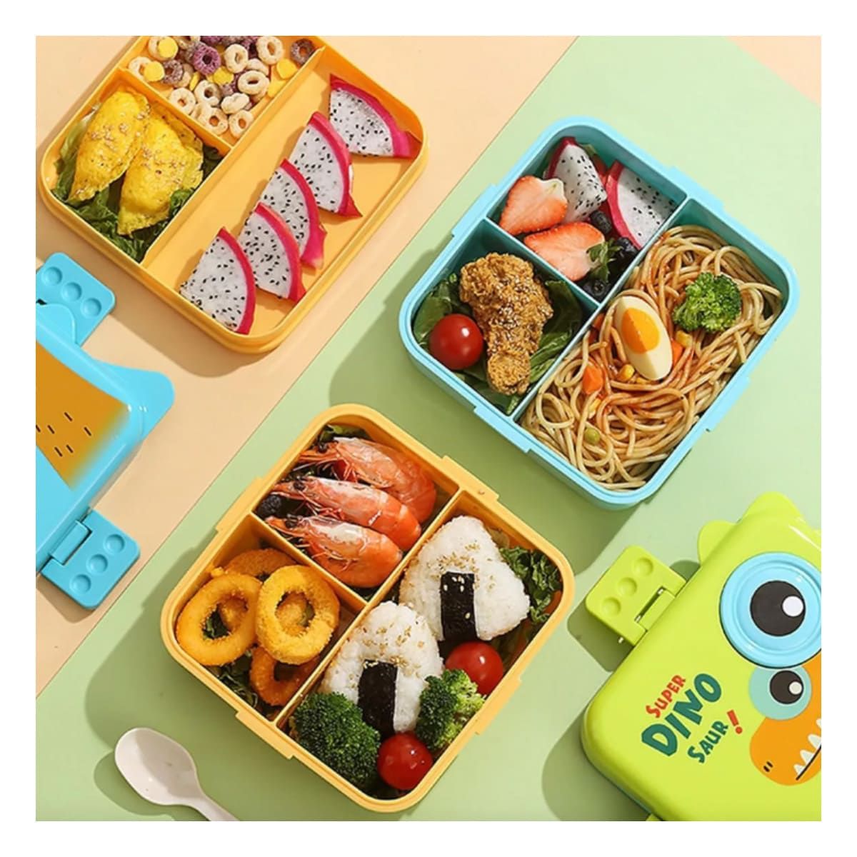 GENERICO - Pack3 Lonchera Dibujo de Dino 1600ml Verde Y+Regalo Agendita