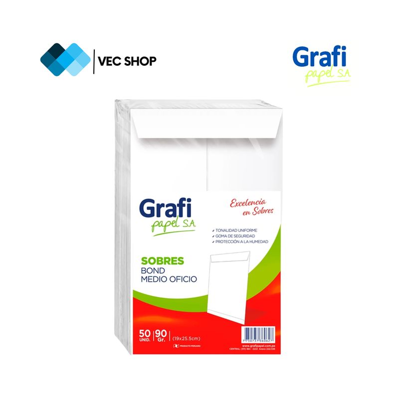 GRAFI PAPEL SA - Sobres Blanco Bond 1/2 Oficio 19 x 25.5cm, 90gr, 50und