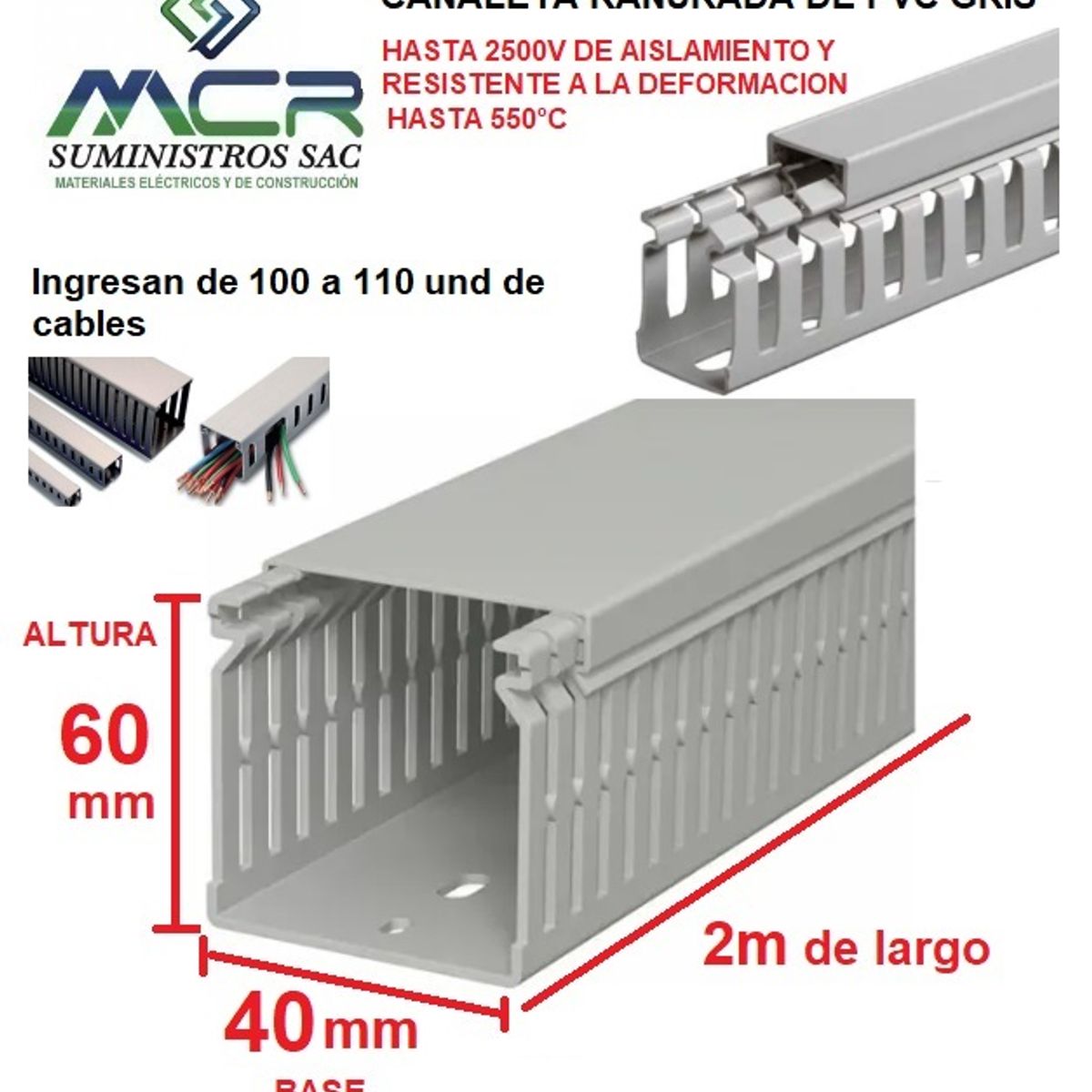 GENERICO - CANALETA DE PVC GRIS PARA CABLES DE 40mm BASE X 60MM ALTURA X 2m LARGO