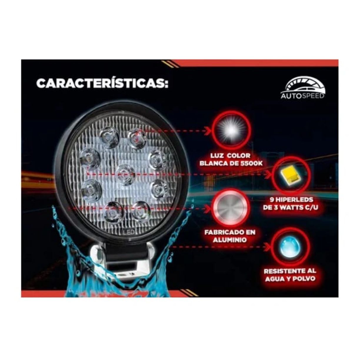 GENERICO - Par Faros 9 Led Redondos Luz Fija Slim 27W