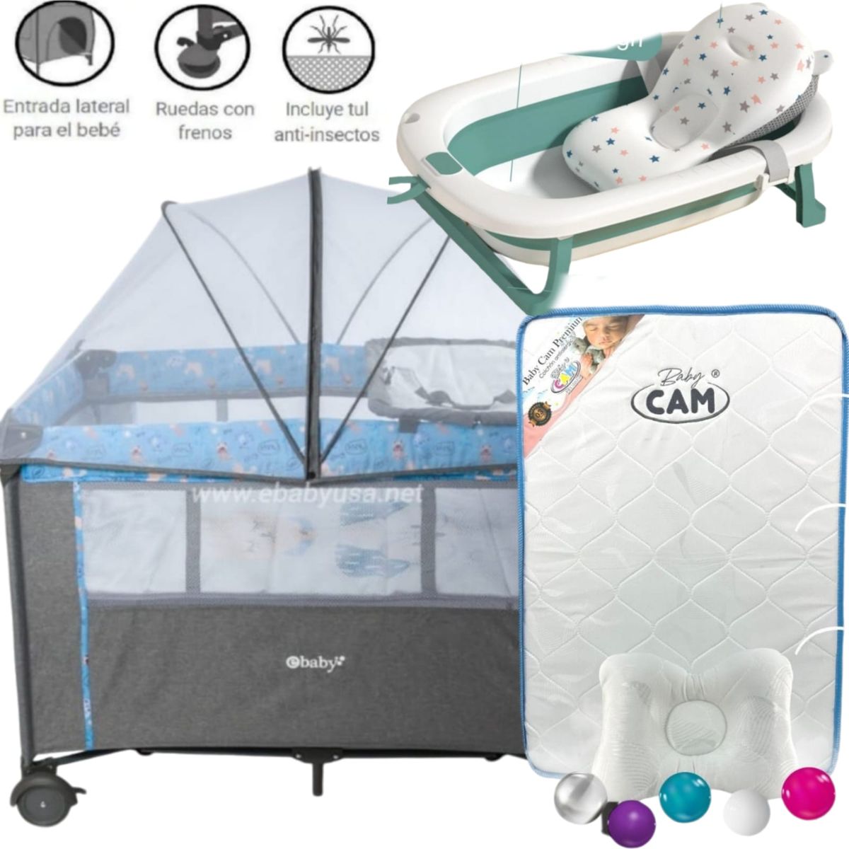 EBABY - Cuna Colecho NALA AZUL+ Colchón AZUL+tina con cojín VERDE