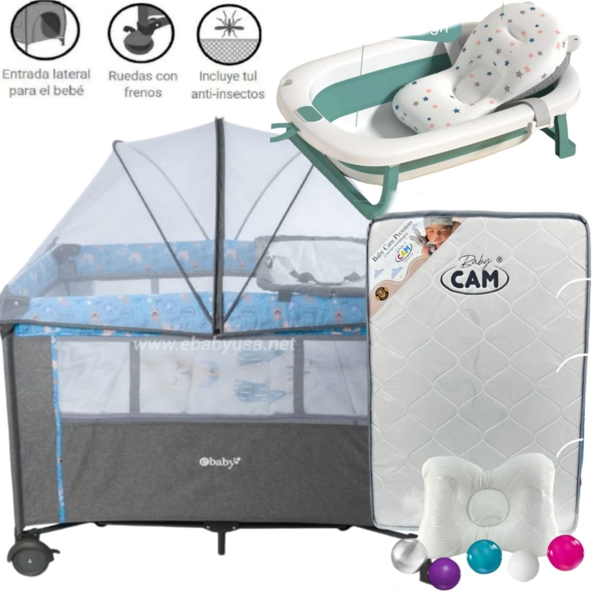 EBABY - Cuna Colecho NALA AZUL+ Colchón PLOMO+tina con cojín VERDE