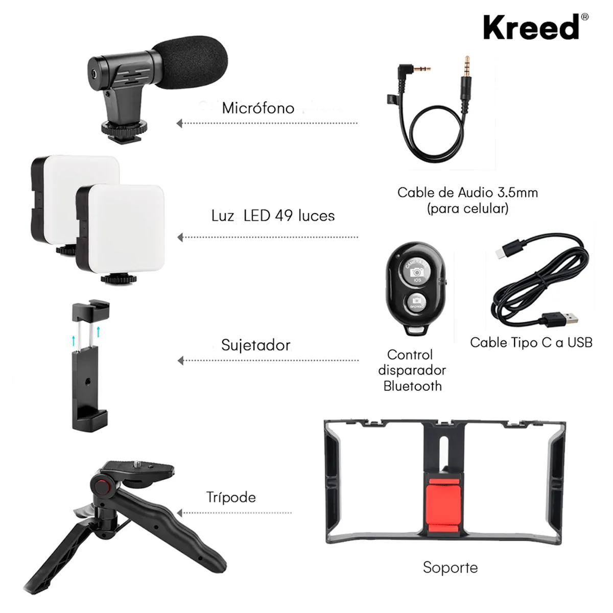 KREED - Kit de Video para Vlogger Jaula 2 Reflectores y micrófono para celular