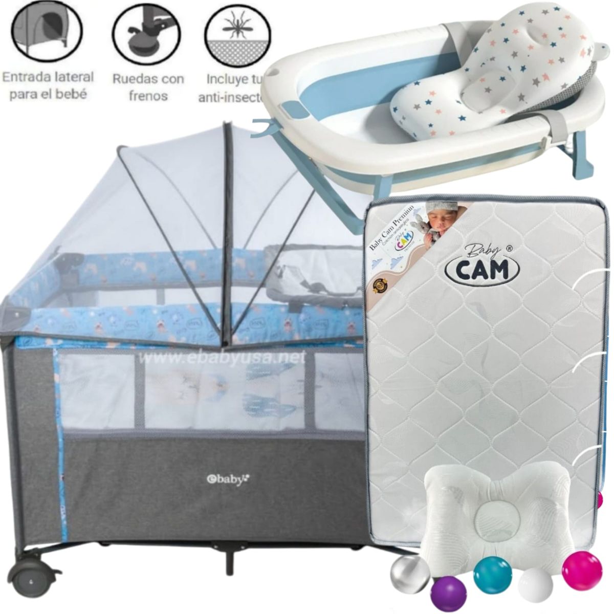 EBABY - Cuna Colecho NALA AZUL+ Colchón BLANCO +tina con cojín CELESTE