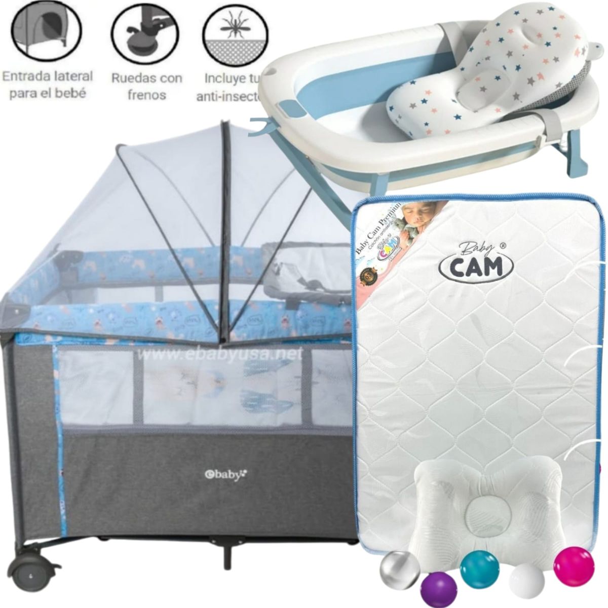 EBABY - Cuna Colecho NALA AZUL+ Colchón CELE+tina con cojín CELESTE