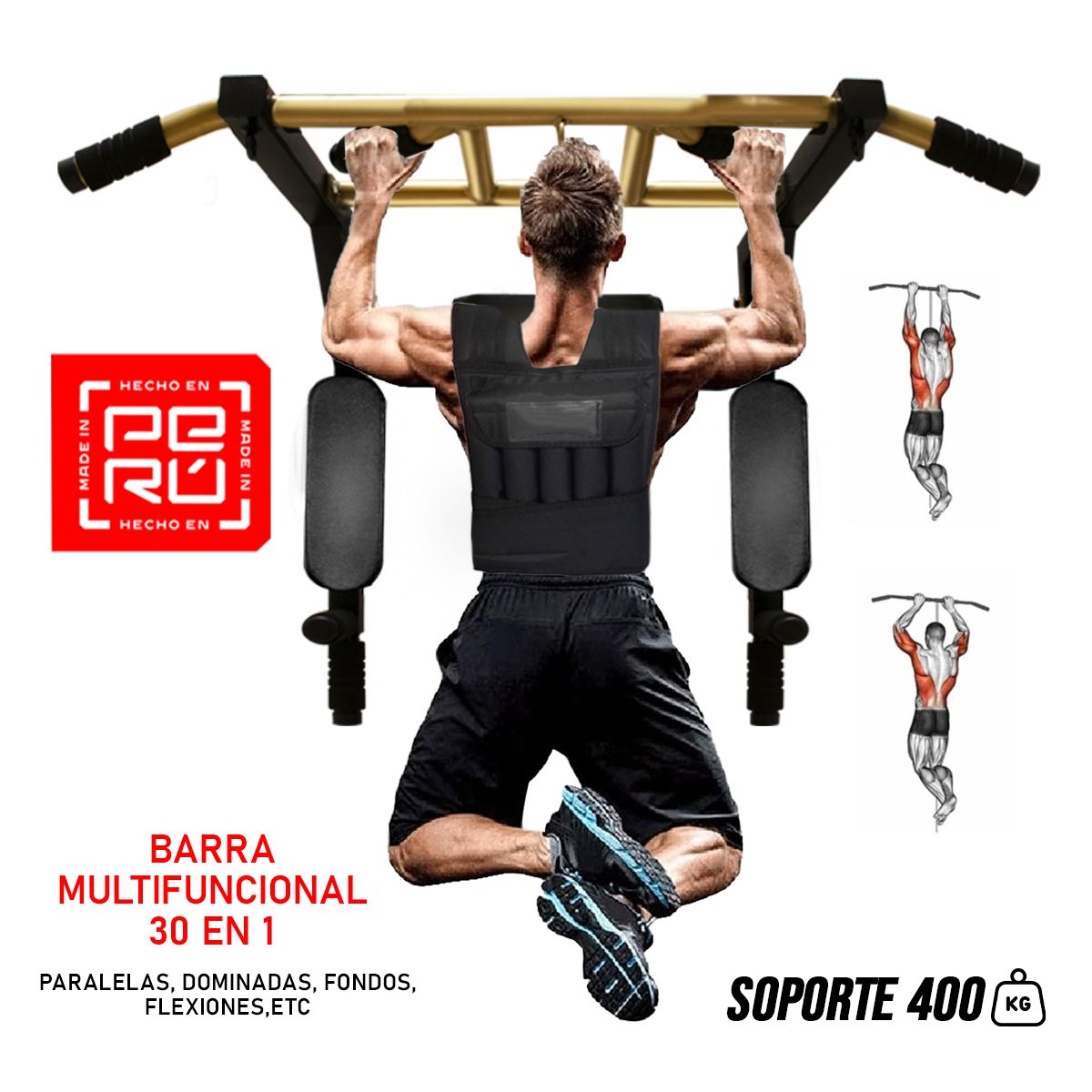 HOLGU - Barra Fondos Calistenia 30 en 1 + Chaleco 20 KG + Guantes