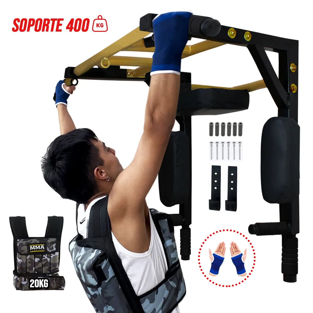 HOLGU - Barra Fondos Calistenia 30 en 1 + Chaleco 20 KG + Guantes