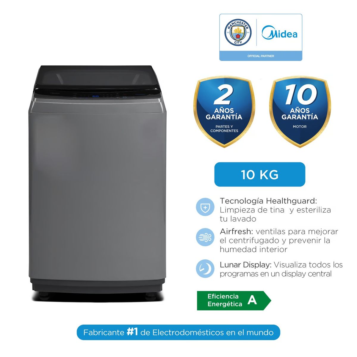 MIDEA - Lavadora Automática MA200W100G-PE Carga Superior Midea 10KG Gris