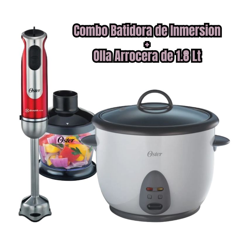 OSTER - Combo Batidora de Inmersión con Accesorios + Olla Arrocera 1.8 Blanca