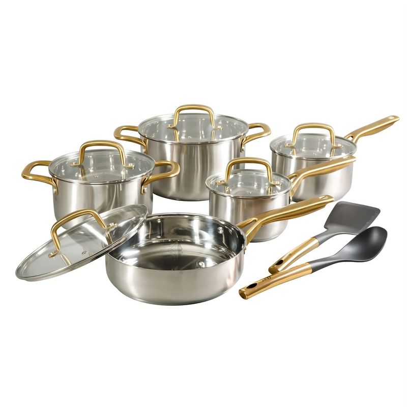 OSTER - Juego de Ollas 12 Piezas Acero Inoxidable Oster Davinelle acabado Oro Plata