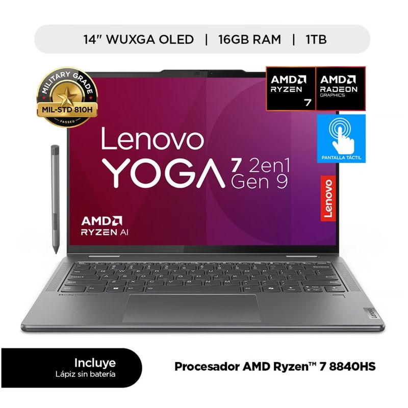 LENOVO - Lenovo Yoga 7 2 en 1 14AHP9 14" touch OLED AMD Ryzen 7 8840HS 16GB 1TB SSD Windows 11 Español Lapiz