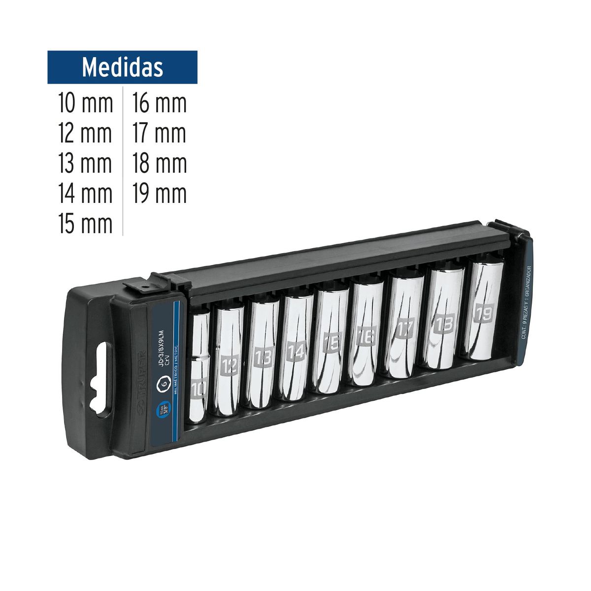 TRUPER - Dado 9 Piezas Hexagonal Tubular Juego Encastre de 3/8" 14173 Truper