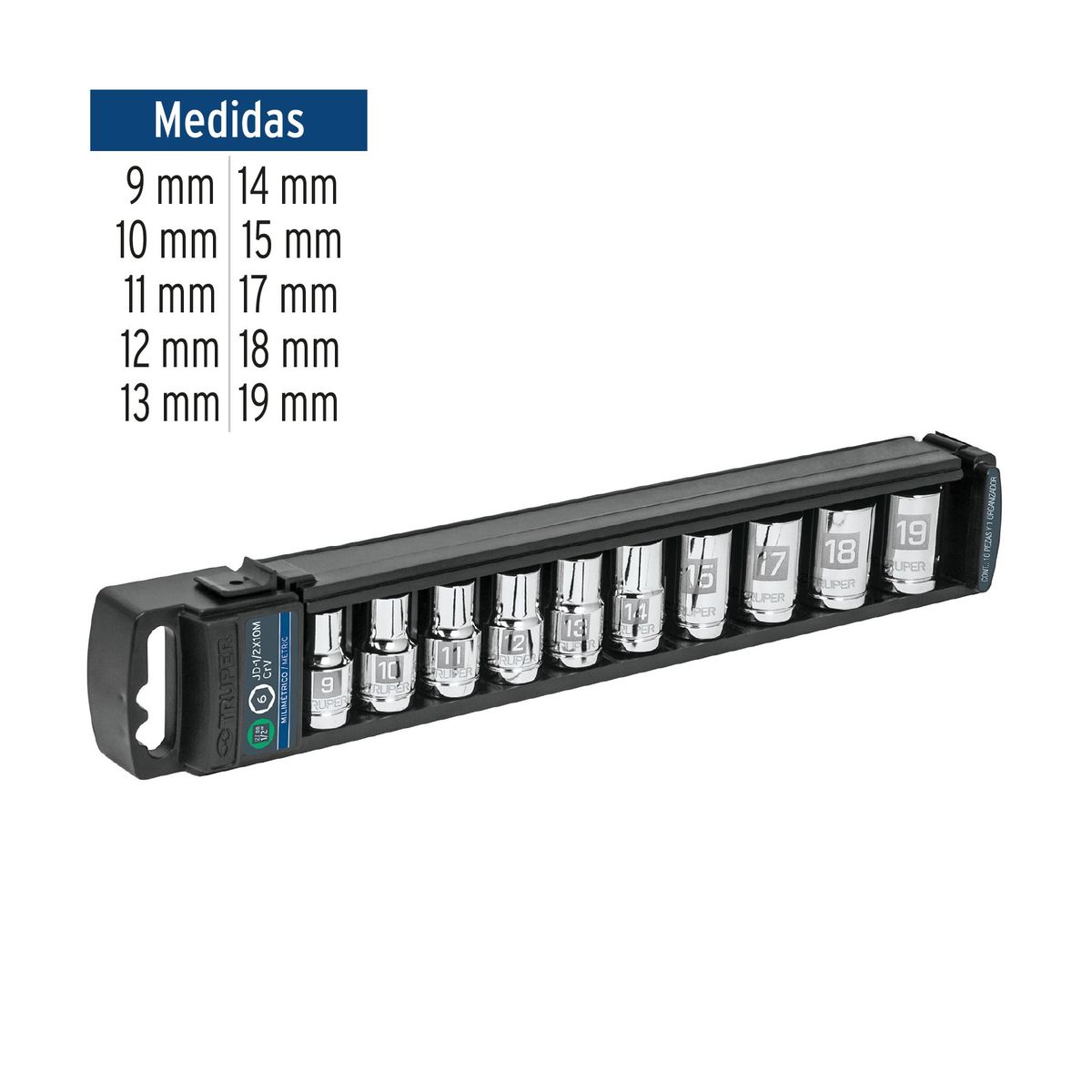 TRUPER - Dado 10 Piezas Hexagonal Juego Encastre de 1/2" 14177 Truper