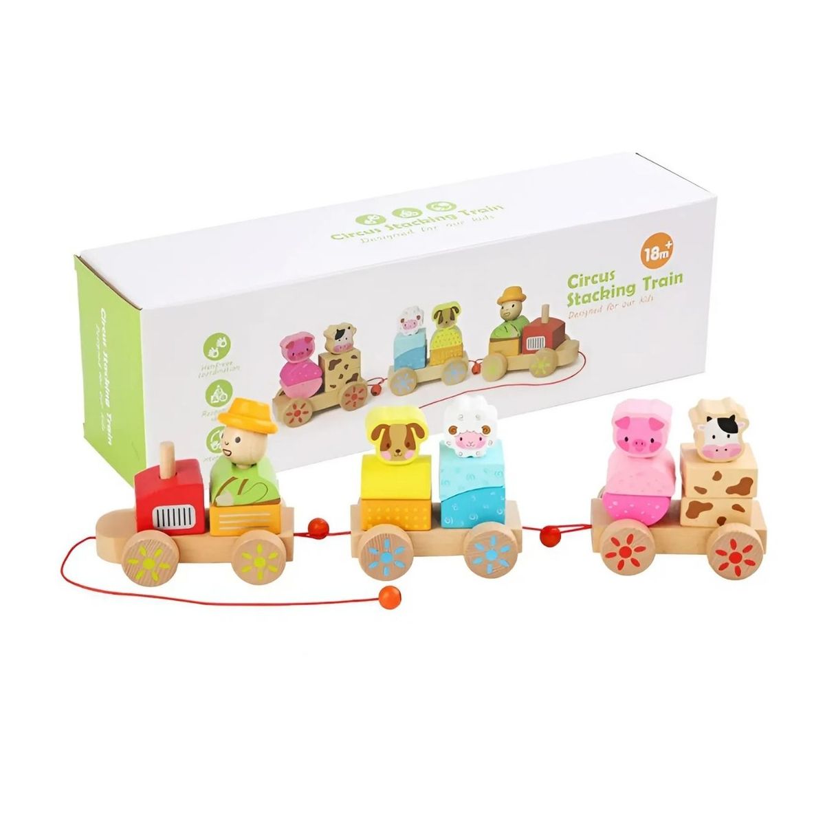 GENERICO - Tren Didáctico de Madera Apilable con Animales de la Granja