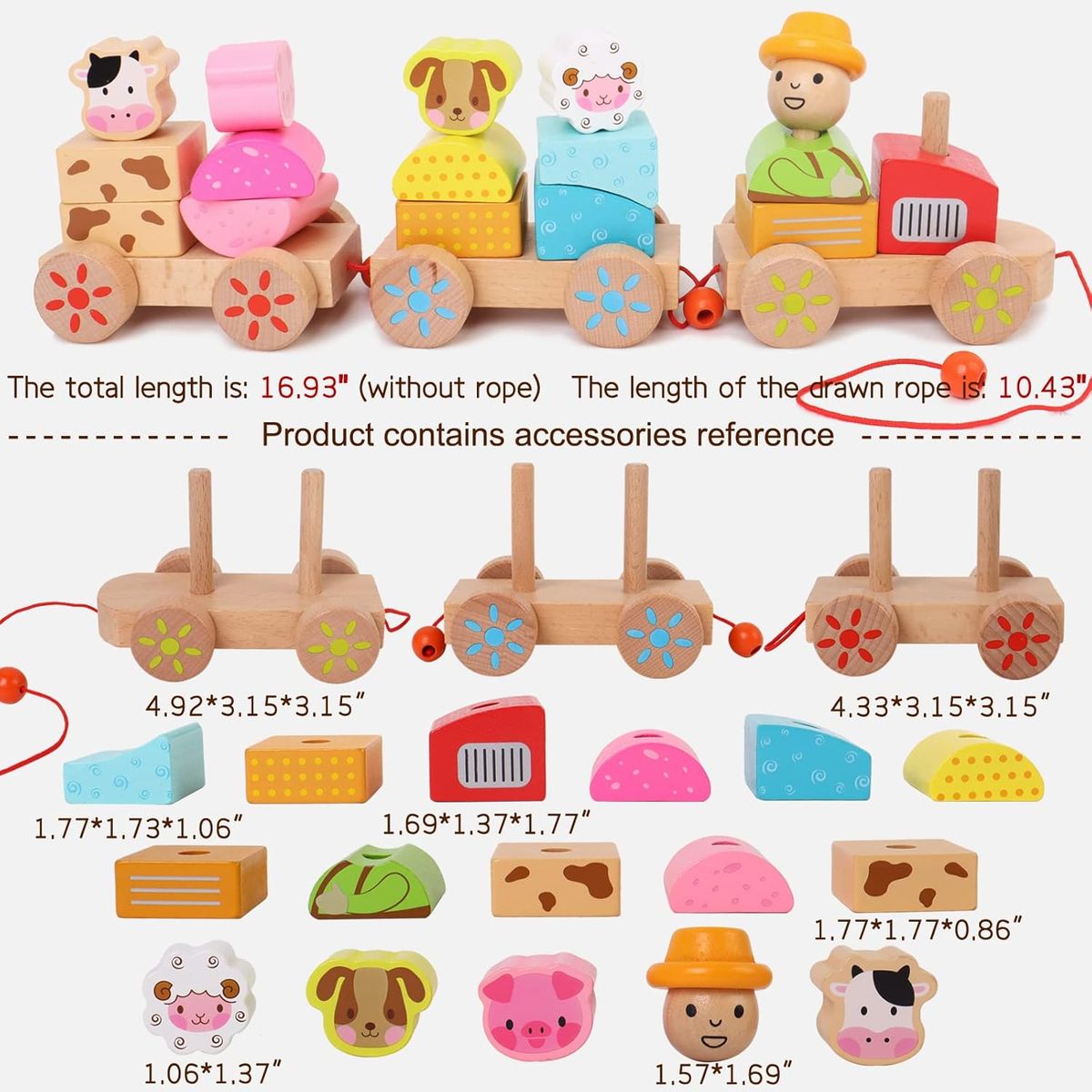 GENERICO - Tren Didáctico de Madera Apilable con Animales de la Granja