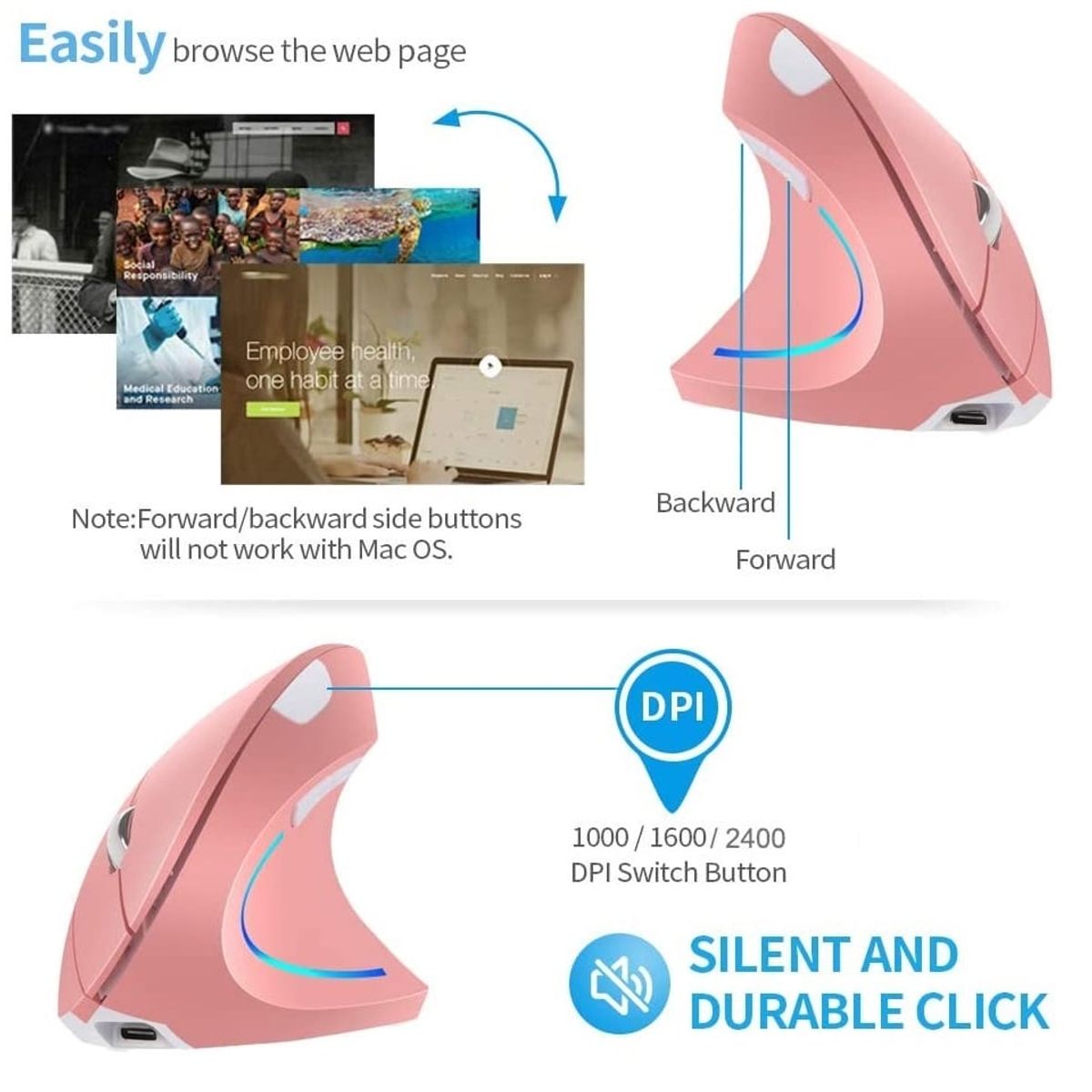 OEM - Mouse Vertical Recargable Ergonomico USB Inalambrico GAMER- ROSA