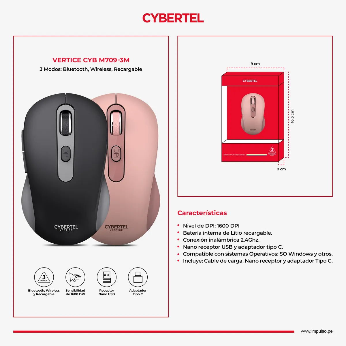 CYBERTEL - MOUSE INALAMBRICO BT WIFI RECARGABLE CYBERTEL VERTICE CYB M709-3M