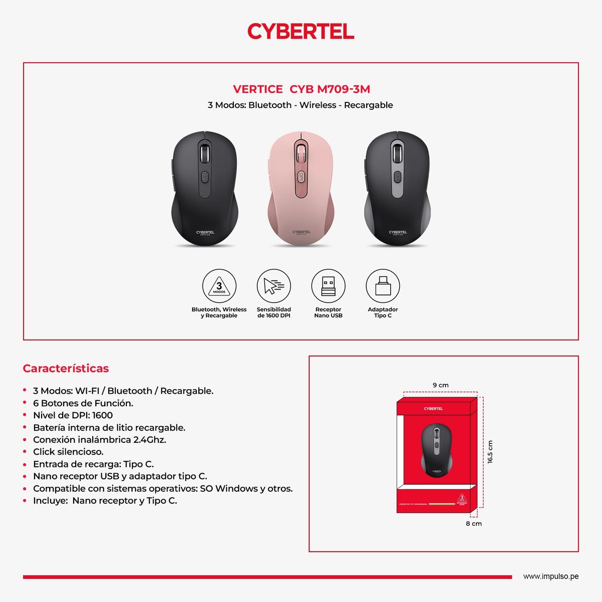 CYBERTEL - MOUSE INALAMBRICO BT WIFI RECARGABLE CYBERTEL NEGRO VERTICE CYB M709-3M