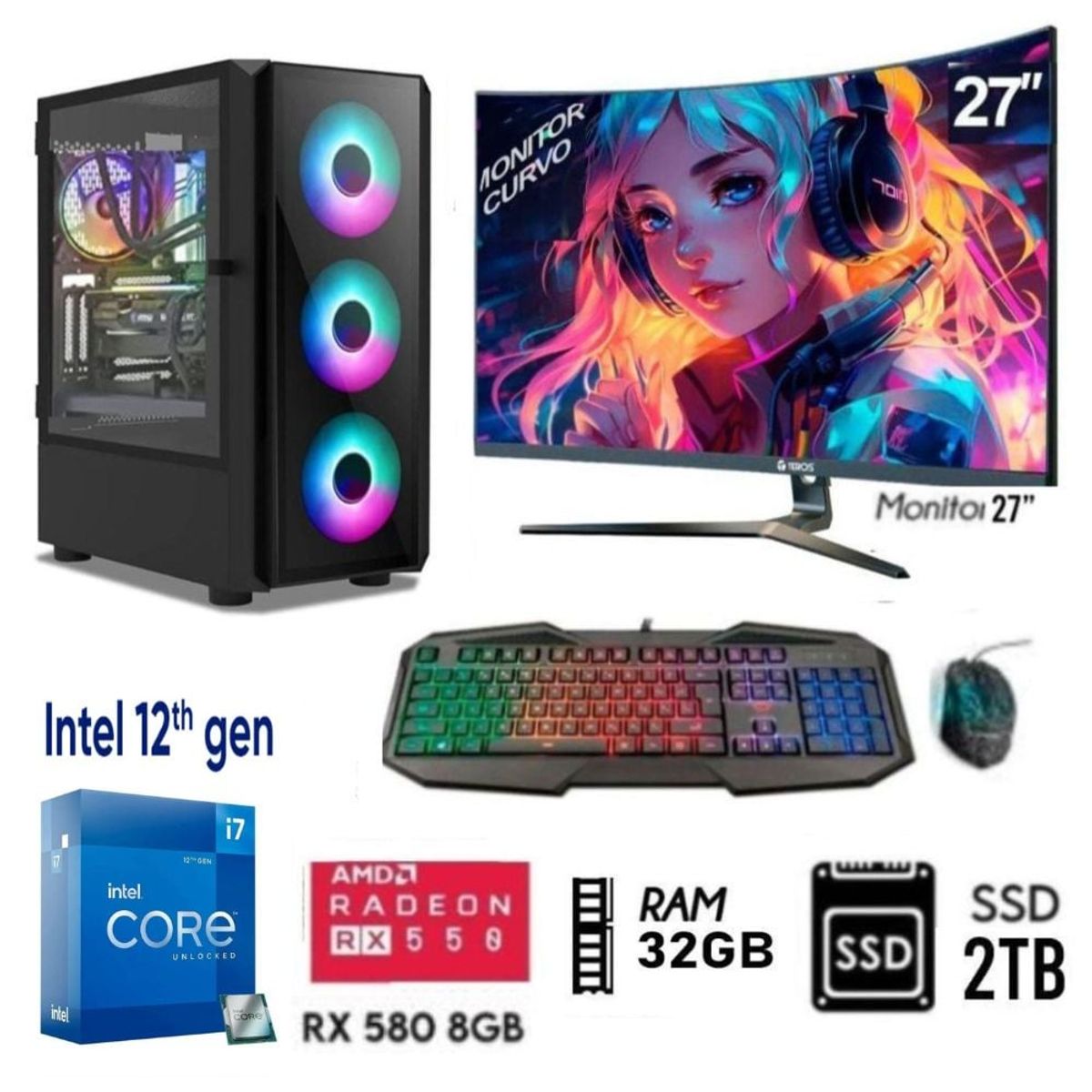 INTEL - Computadora PC Core I7-12Th Ram 32GB Disco SSD 2TB,  RX 580  8GB, MONITOR 27"
