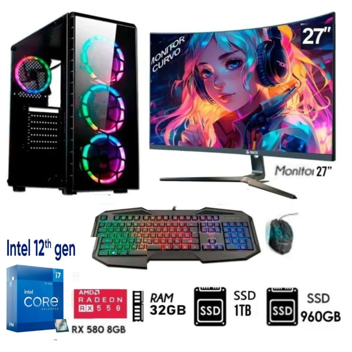 INTEL - Computadora PC Core I7-12Th Ram 32GB Disco SSD M.2 1TB+SSD 960GB, RX 580 8GB M27