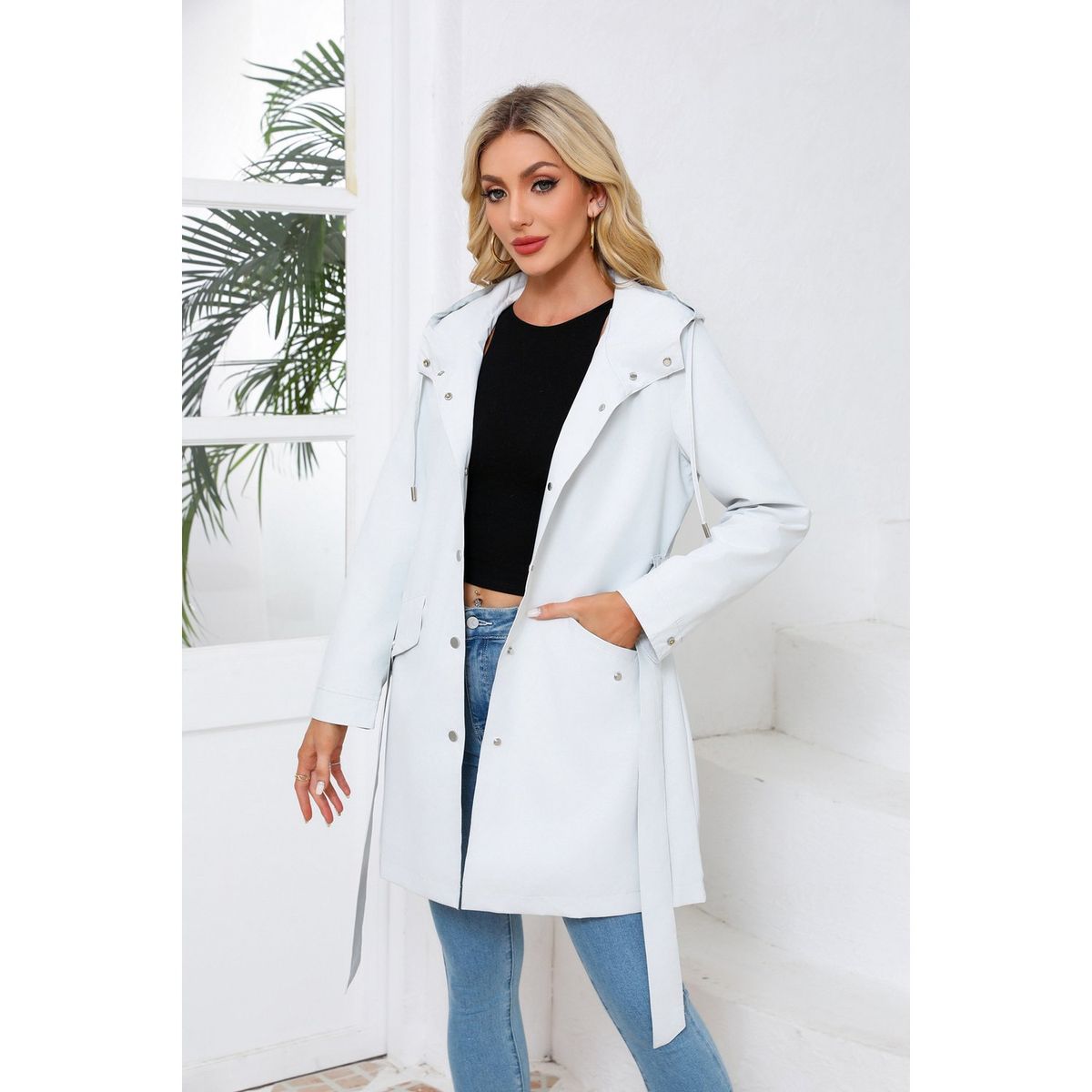 TIOZONEY - Chaqueta impermeable con capucha y cinturón-Gris