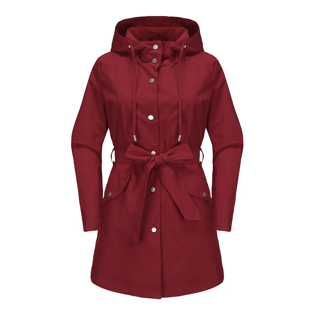 TIOZONEY - Chaqueta impermeable con capucha y cinturón-Rojo