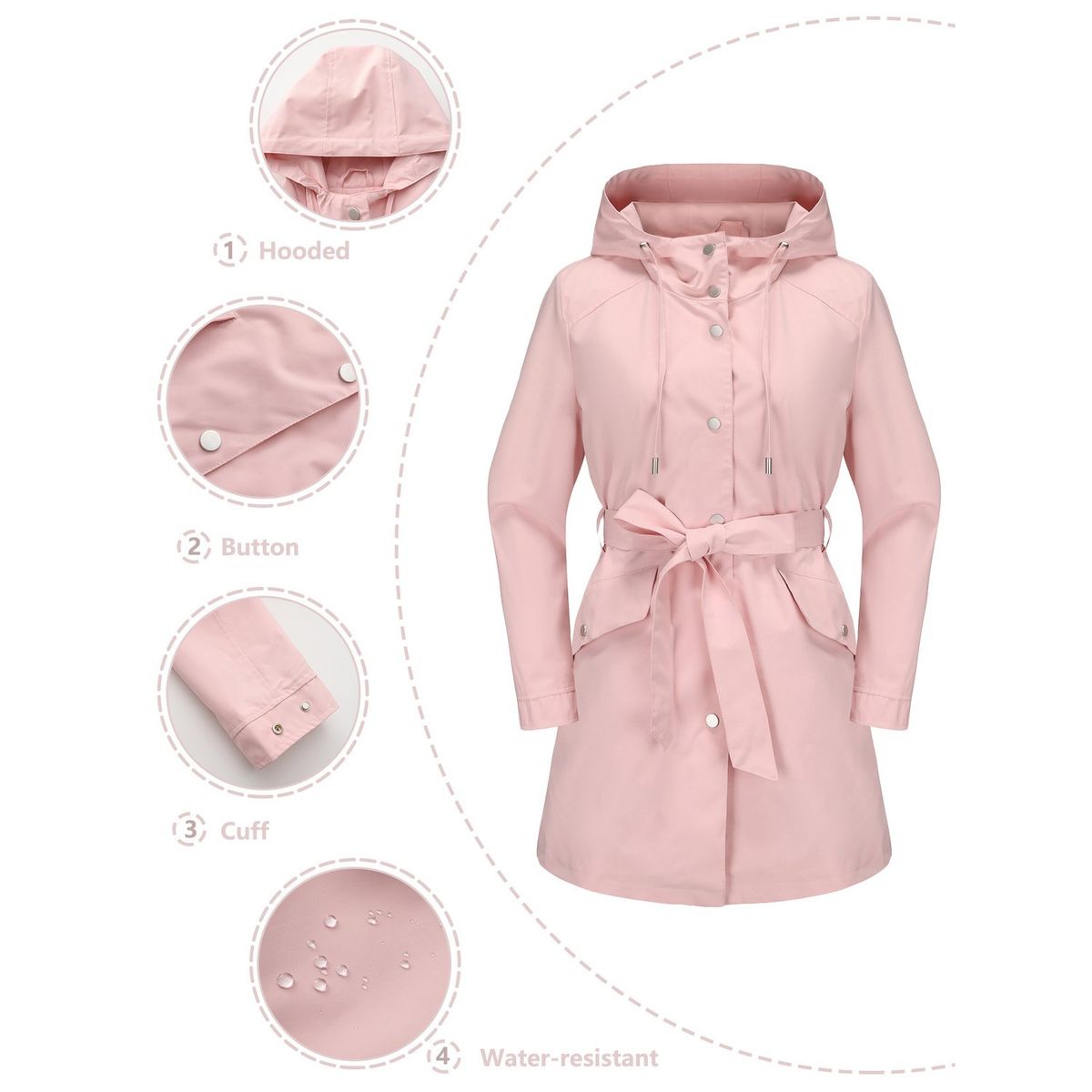 TIOZONEY - Chaqueta impermeable con capucha y cinturón-Rosa
