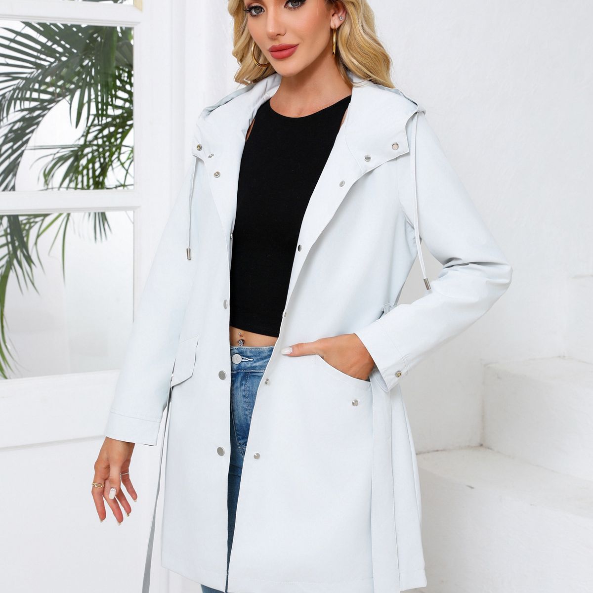 TIOZONEY - Chaqueta impermeable con capucha y cinturón-Gris