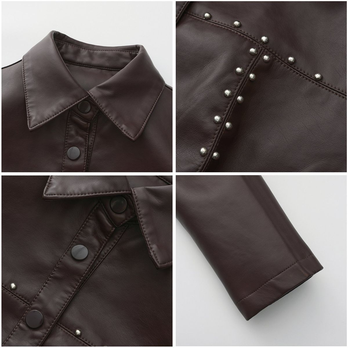 TIOZONEY - Chaqueta de PU con tachuelas para mujer-Café