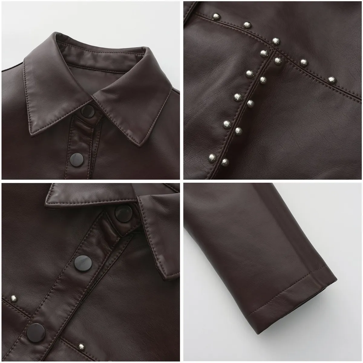 TIOZONEY - Chaqueta de PU con tachuelas para mujer-Café