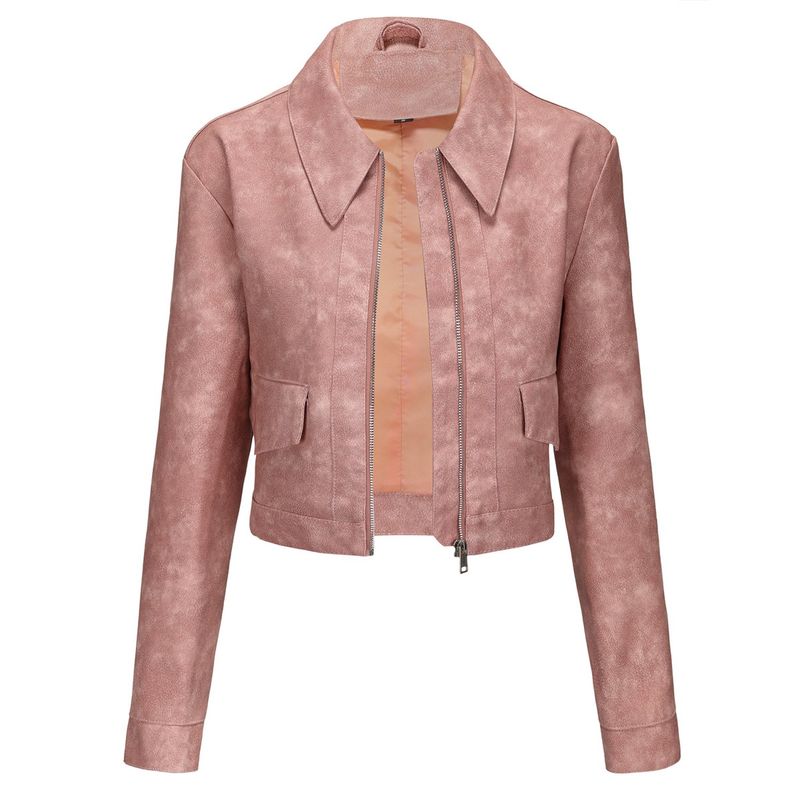 TIOZONEY - Chaqueta de piel con cremallera para mujer-Rosa