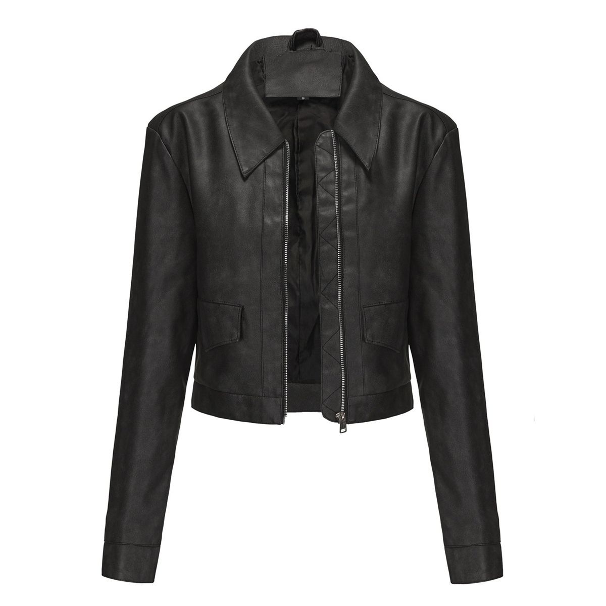 TIOZONEY - Chaqueta de piel con cremallera para mujer-Negro