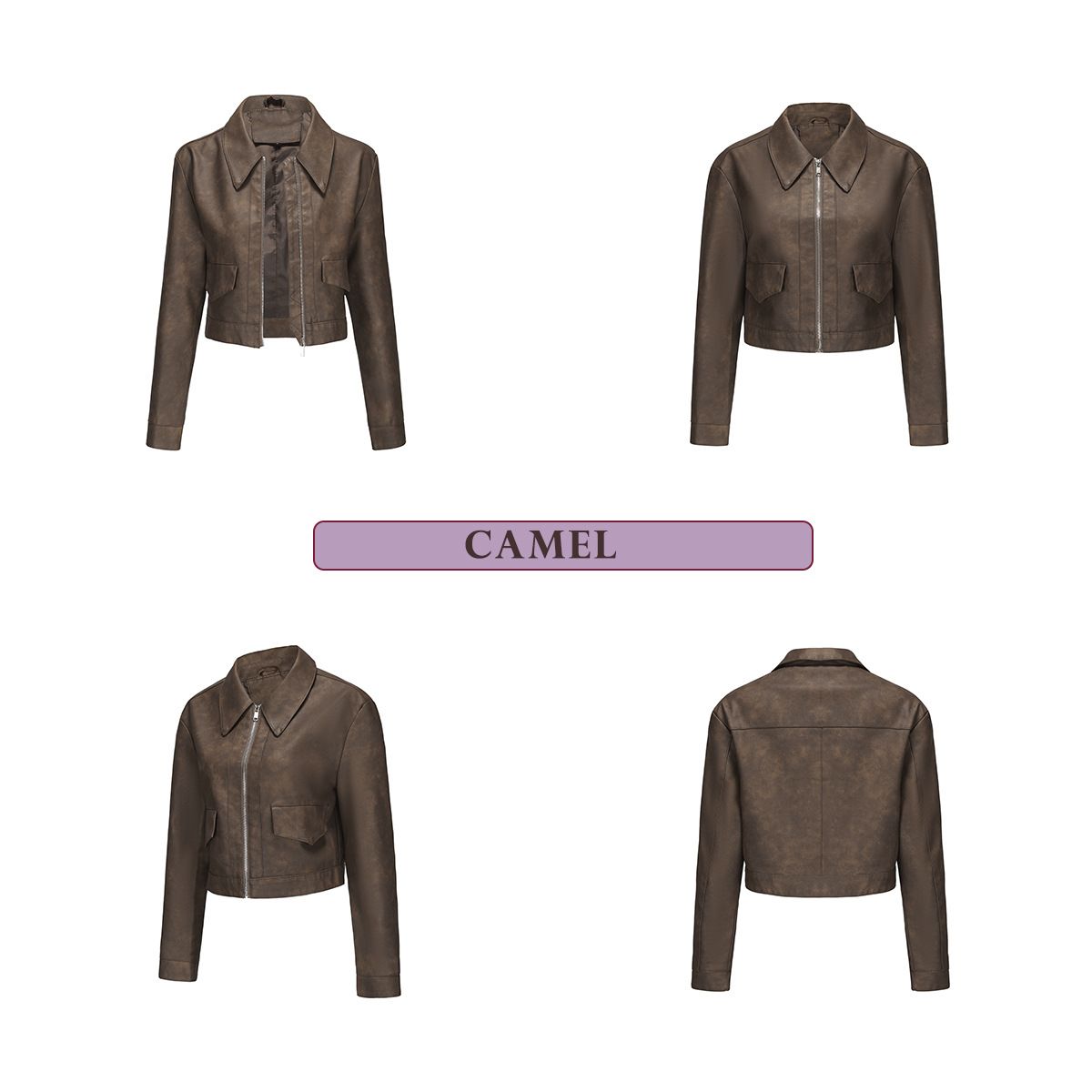 TIOZONEY - Chaqueta de piel con cremallera para mujer-Marrón