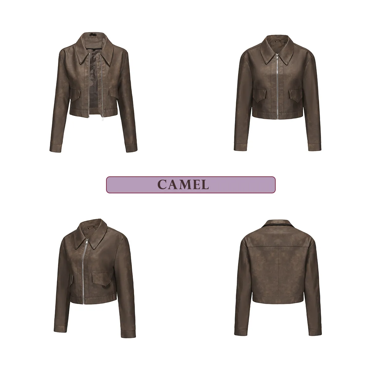 TIOZONEY - Chaqueta de piel con cremallera para mujer-Marrón