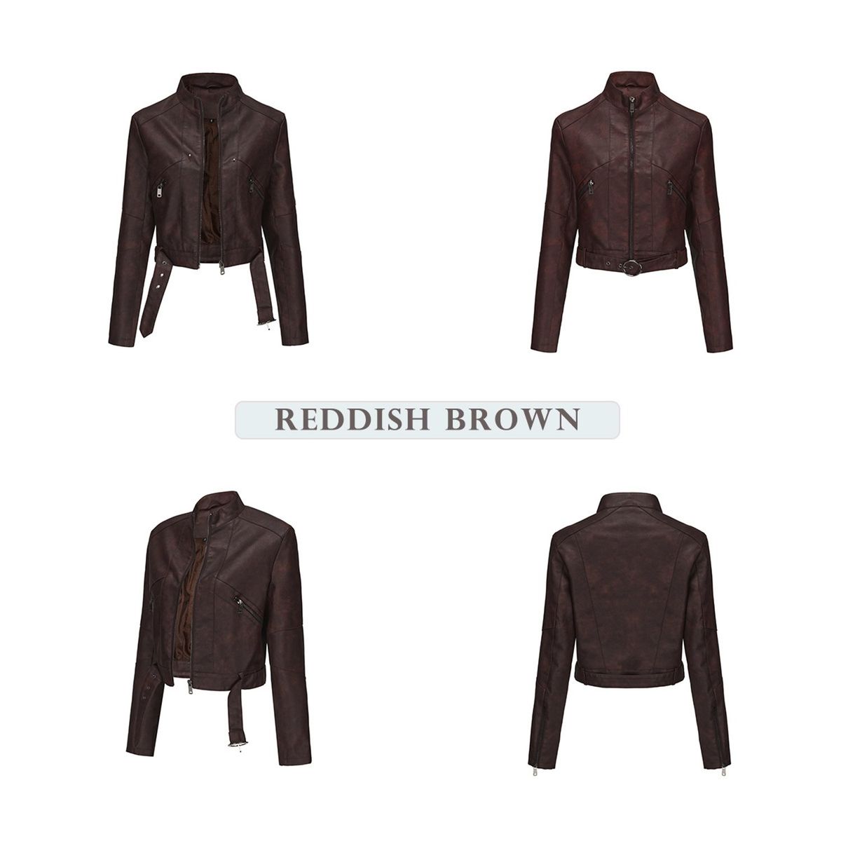 TIOZONEY - Chaqueta de piel con cremallera para mujer-Marrón