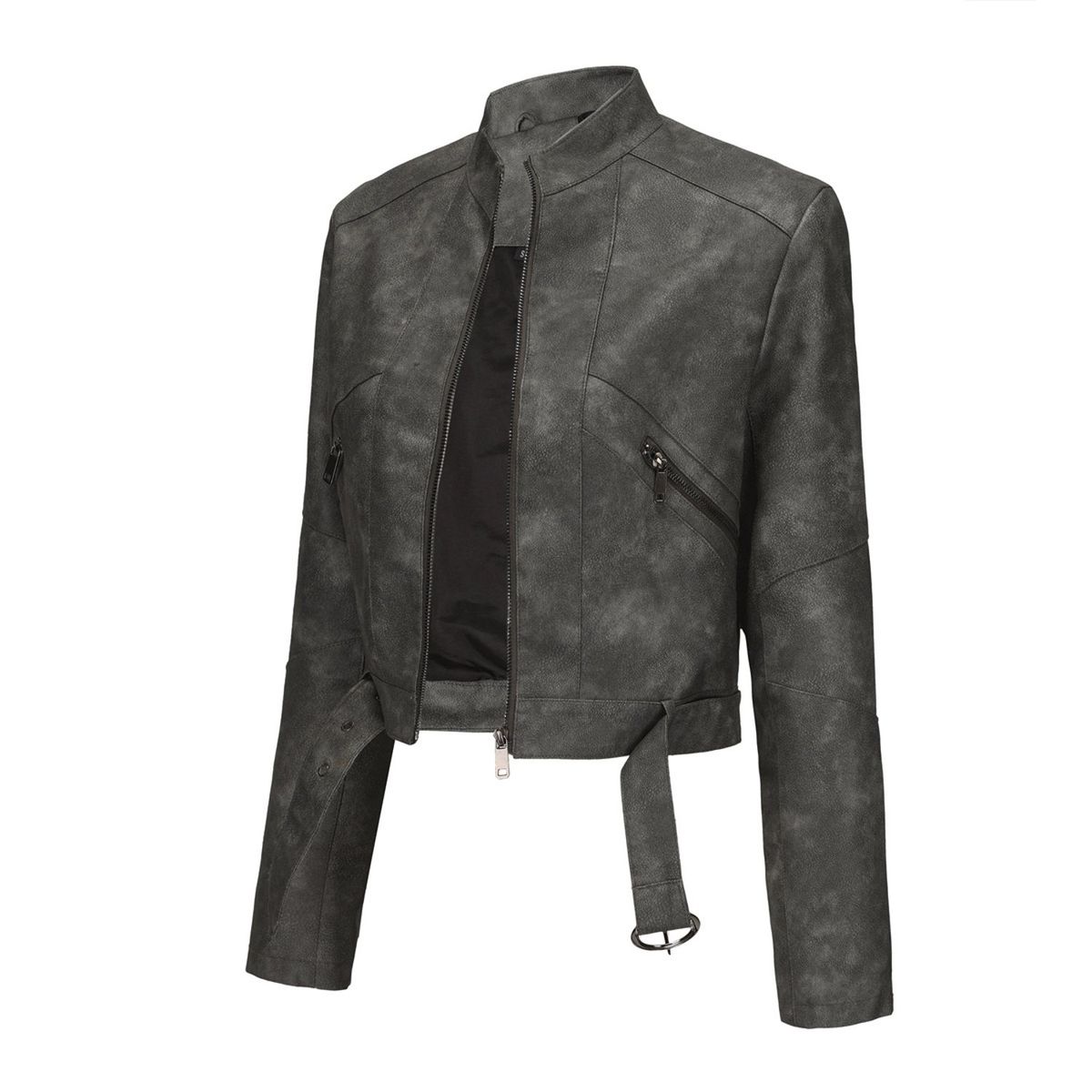 TIOZONEY - Chaqueta de piel con cremallera para mujer-Gris