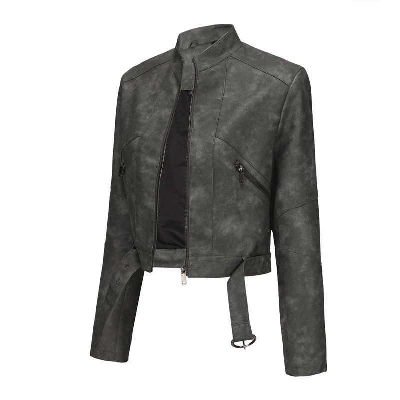 TIOZONEY - Chaqueta de piel con cremallera para mujer-Gris