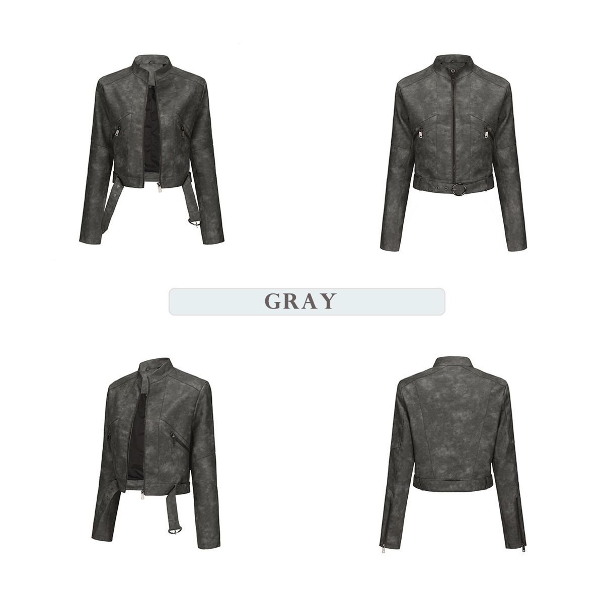 TIOZONEY - Chaqueta de piel con cremallera para mujer-Gris