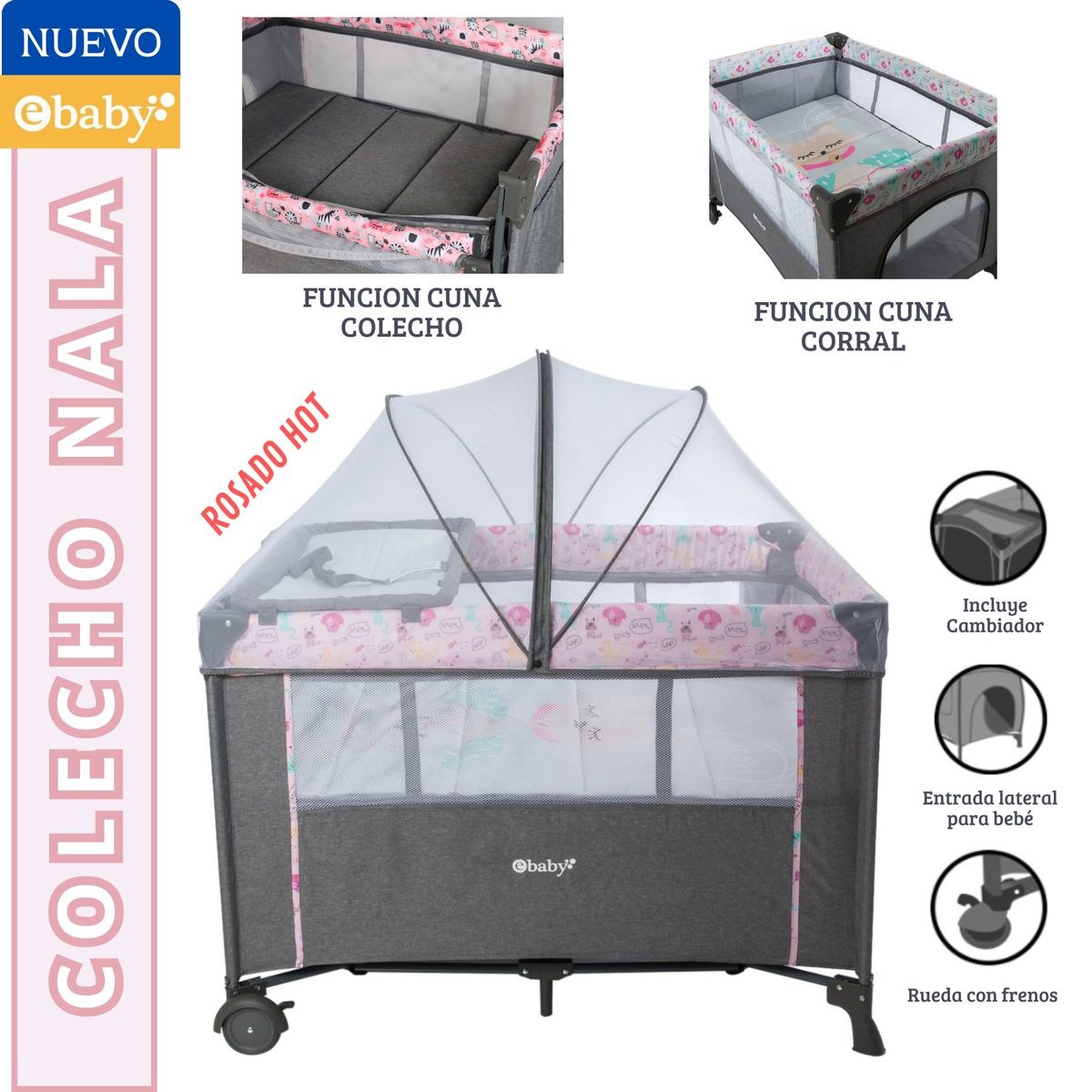 EBABY - Cuna Colecho Corral NALA con cambiador Rosado Hot