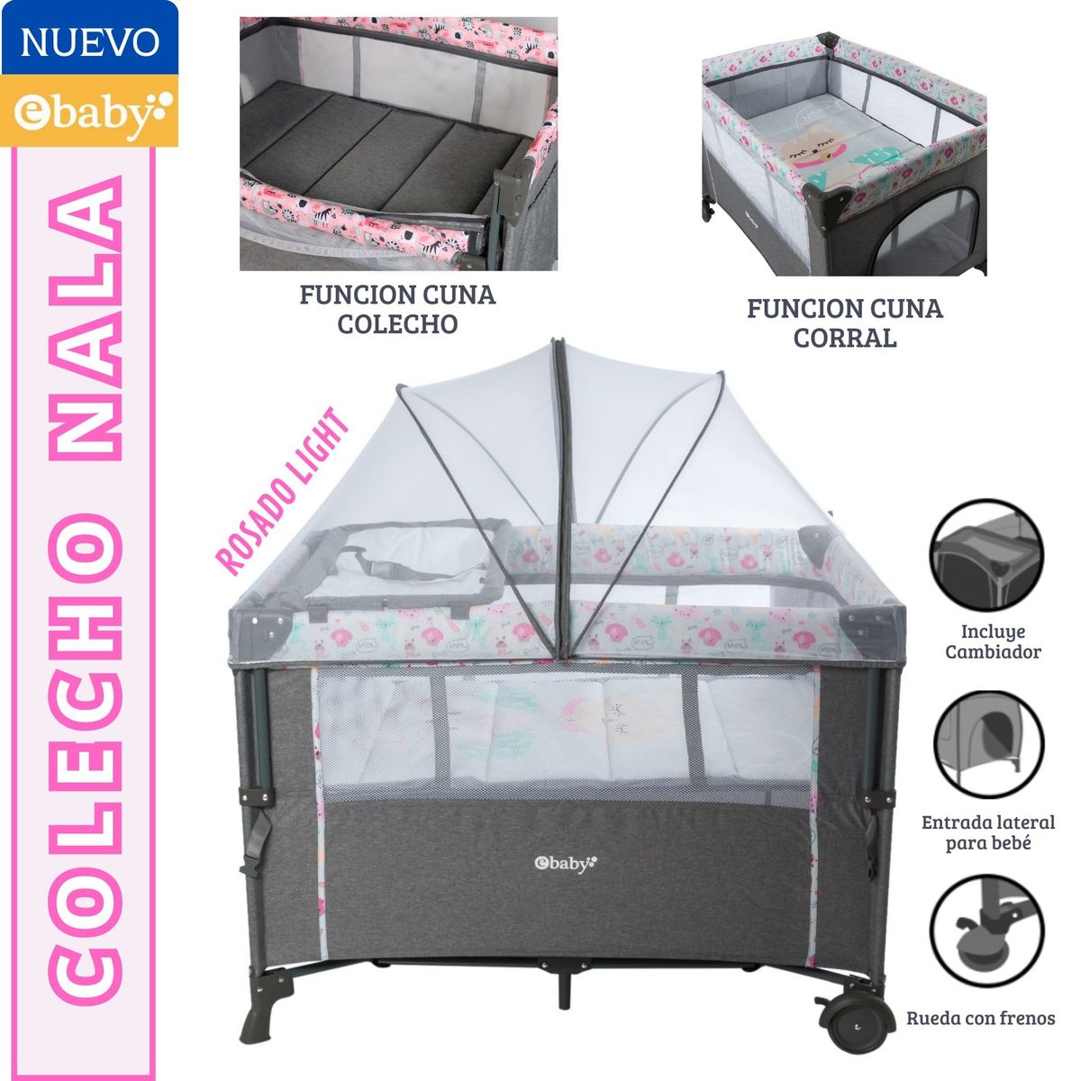 EBABY - Cuna Colecho Corral NALA con cambiador Rosado Ligth