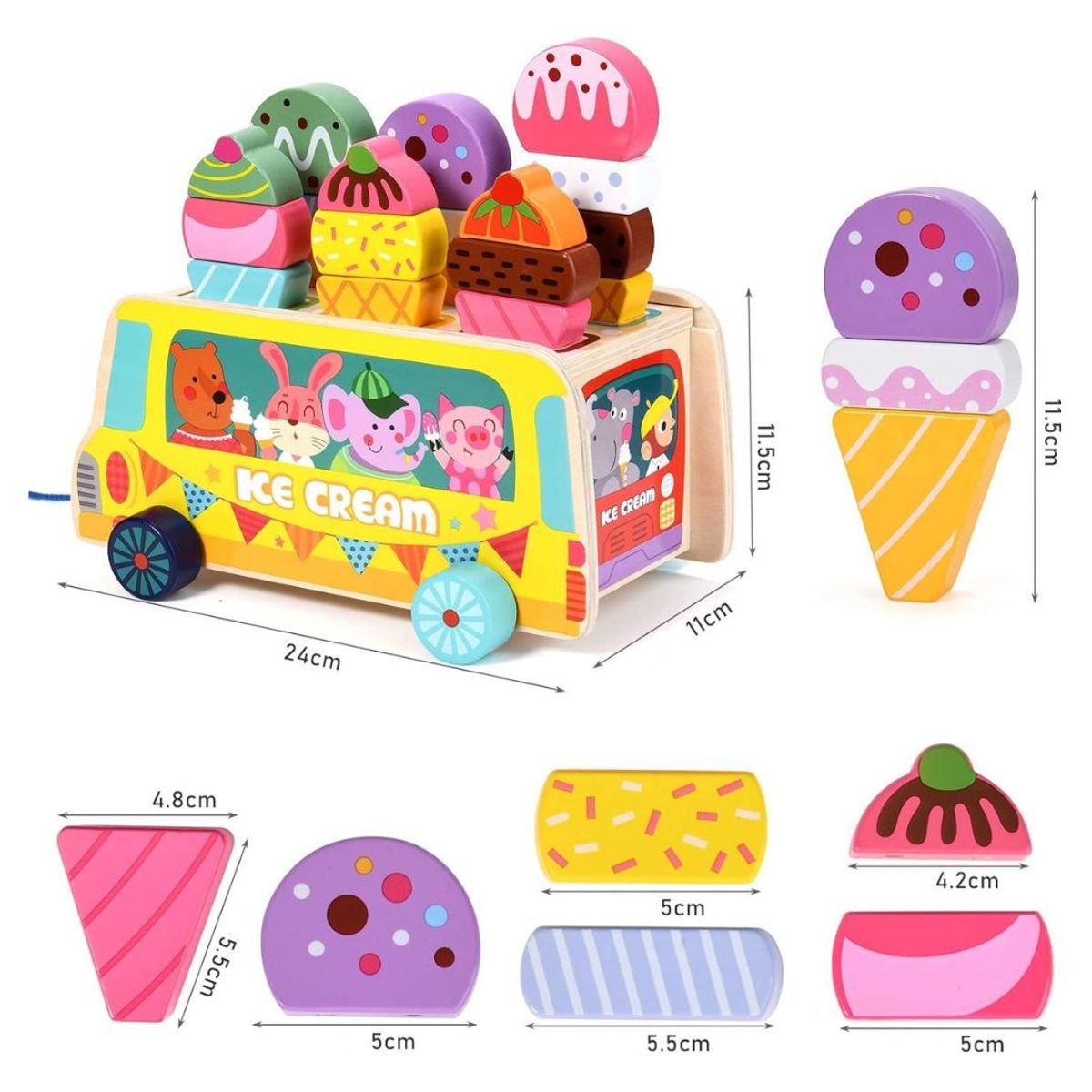 GENERICO - Juguete Montessori Camión Apilamiento de Helados de Madera