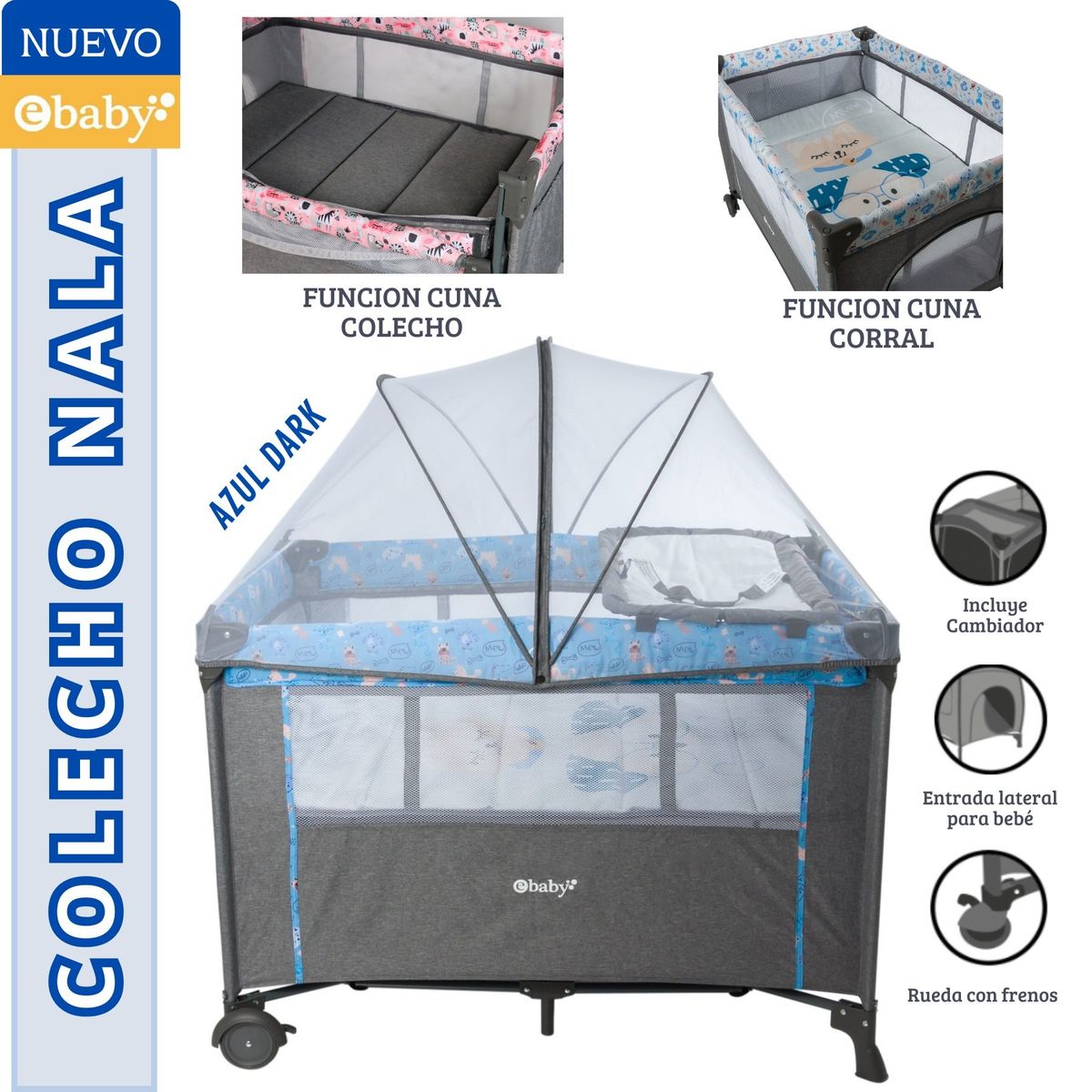 EBABY - Cuna Colecho Corral NALA con cambiador Azul Dark