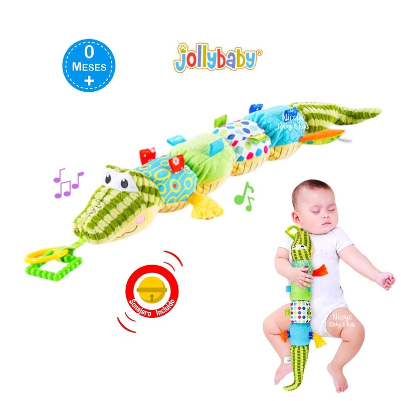 JOLLYBABY - Peluche Cocodrilo Sensorial con Sonajero y Texturas de Bebé